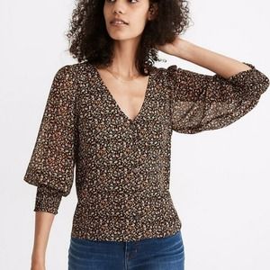 Madewell Georgette Top Size 14 Smocked-Cuff Button-Front  in Folktale Paisley